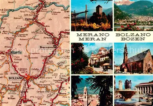 AK / Ansichtskarte Meran_Merano Teilansichten Burg Kirche Brunnen Autokarte Meran Merano