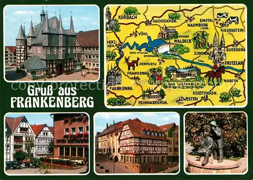 AK / Ansichtskarte Frankenberg_Eder Rathaus Altstadt Fachwerkhaeuser Denkmal Statuen Landkarte Frankenberg Eder