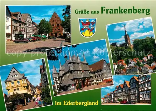 AK / Ansichtskarte Frankenberg_Eder Altstadt Fachwerkhaus Giebelhaus Rathaus Fussgaengerzone Kirche Wappen Frankenberg Eder