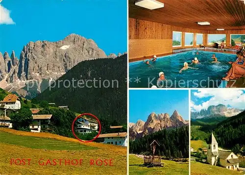 AK / Ansichtskarte Tiers_Dolomiten Postgasthof Rose Hallenbad Wegekreuz Kirche Tiers Dolomiten