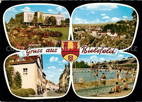 AK / Ansichtskarte Bielefeld Totalansicht Oetkerhalle Obernstrasse Freibad Wappen Bielefeld