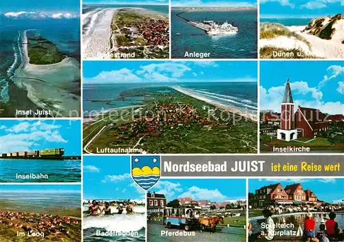 AK / Ansichtskarte Juist_Nordseebad Fliegeraufnahme Inselbahn Im Loog Inselkirche Duenen Pferdebus Juist_Nordseebad