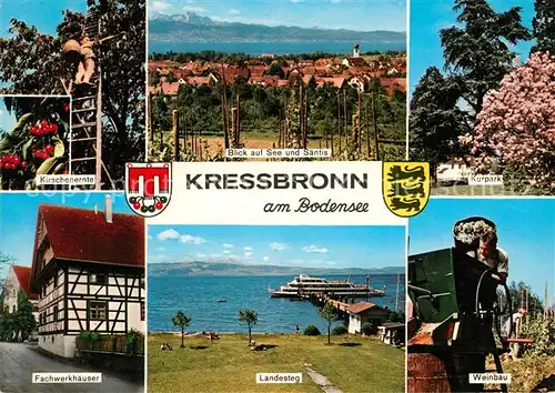 AK / Ansichtskarte Kressbronn_Bodensee Kirchenernte See Saentis Kurpark Fachwerkhaeuser Landesteg Weinbau Kressbronn Bodensee