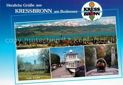 AK / Ansichtskarte Kressbronn_Bodensee Bodensee Katholische Kirche SchiffslaendeKabelhaengebruecke Kressbronn Bodensee