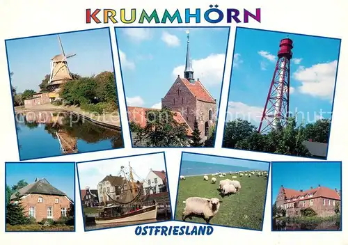 AK / Ansichtskarte Krummhoern Muehle Kirche Leuchtturm Schafweide Fischerboot Krummhoern
