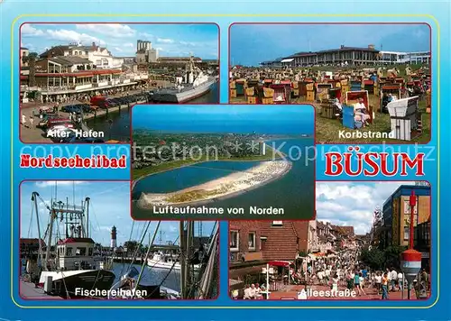 AK / Ansichtskarte Buesum_Nordseebad Alter Hafen Korbstrand Fischereihafen Fliegeraufnahme Alleestrasse Buesum_Nordseebad