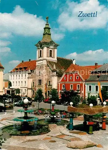 AK / Ansichtskarte Zwettl Niederoesterreich Hundertwasser Brunnen Rathaus Zwettl Niederoesterreich