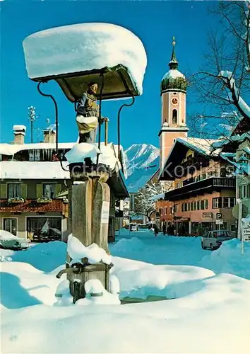 AK / Ansichtskarte Garmisch Partenkirchen Josephbrunnen Pfarrkirche St Martin Hoher Fricken Winterimpressionen Garmisch Partenkirchen