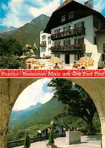 AK / Ansichtskarte Dorf_Tirol Pension Cafe Restaurant Mair Aussichtsplattform Fernsicht Alpen Dorf_Tirol