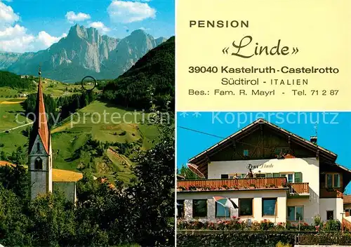 AK / Ansichtskarte Kastelruth_Suedtirol Pension Linde Kirche Landschaftspanorama Alpen Kastelruth_Suedtirol
