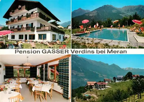 AK / Ansichtskarte Verdins Pension Gasser Gastraum Swimming Pool Alpenpanorama Verdins