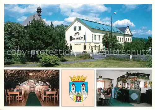 AK / Ansichtskarte Chomutov Hotel Cesky Dum Restaurant Bar Kirche Wappen Chomutov