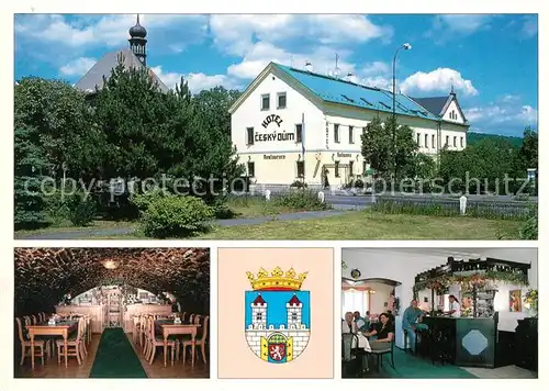 AK / Ansichtskarte Chomutov Hotel Cesky Dum Restaurant Bar Wappen Kirche Chomutov