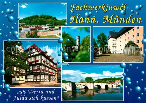 AK / Ansichtskarte Hannoversch_Muenden Faehrschiff Burg Bruecke Fachwerkhaeuser  Hannoversch Muenden
