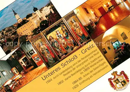 AK / Ansichtskarte Greiz_Thueringen Unteres Schloss Kirche Gymnasium Biedermeierzimmer Weisser Saal Greiz Thueringen