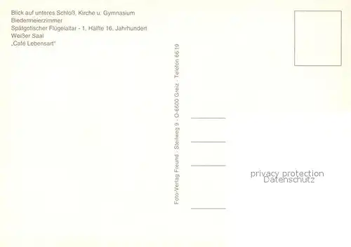 AK / Ansichtskarte Greiz_Thueringen Unteres Schloss Kirche Gymnasium Biedermeierzimmer Weisser Saal Greiz Thueringen