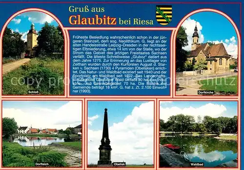 AK / Ansichtskarte Glaubitz Schloss Dorfkirche Dorfteich Obelisk Waldbad Chronik Glaubitz