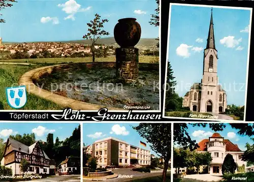 AK / Ansichtskarte Hoehr Grenzhausen Gesamtansicht Gedenkstein Kirche Kurhotel Rathaus Grenzau Burgruine Hoehr Grenzhausen