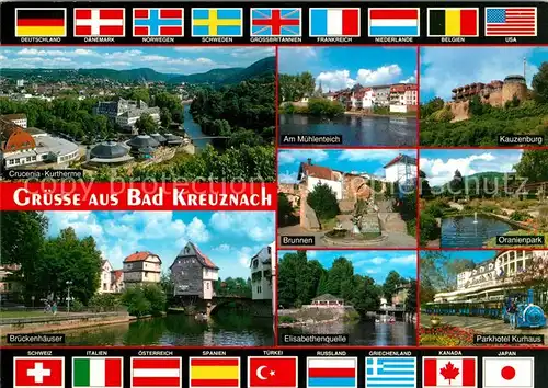 AK / Ansichtskarte Bad_Kreuznach Crucenia Kurtherme Brunnen Oranienpark Kauzenburg Flaggen Bad_Kreuznach