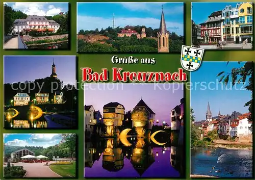 AK / Ansichtskarte Bad_Kreuznach Kauzenburg Kurpark Kurklinik Marktplatz Brueckenhaeuser Nacht Bad_Kreuznach