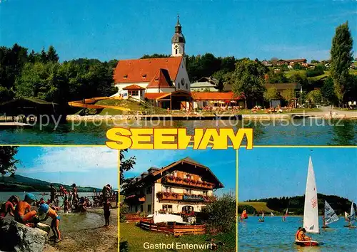 AK / Ansichtskarte Seeham Gasthof Entenwirt Obertrumer See Kirche Strand Segelboote Seeham