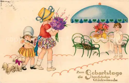 AK / Ansichtskarte Geburtstag Kinder Hund Blumen Geschenk Kaffeekraenzchen Litho Geburtstag