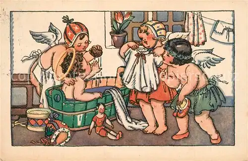 AK / Ansichtskarte Kuenstlerkarte M. Fischerove Kyechove Christkind Engel Puppe Trommel Bad  Kuenstlerkarte