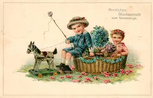 AK / Ansichtskarte Namenstag_Namenskarte Kinder Blumen Rollpferd Litho Namenstag_Namenskarte