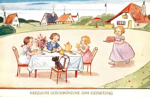 AK / Ansichtskarte Geburtstag Kinder Hund Kuchen Kaffeekraenzchen Geburtstag
