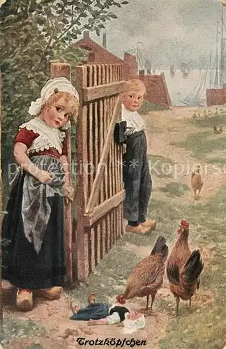 AK / Ansichtskarte Kuenstlerkarte Hans W. Schmidt Trotzkoepfchen Kinder Puppe Huehner  Kuenstlerkarte