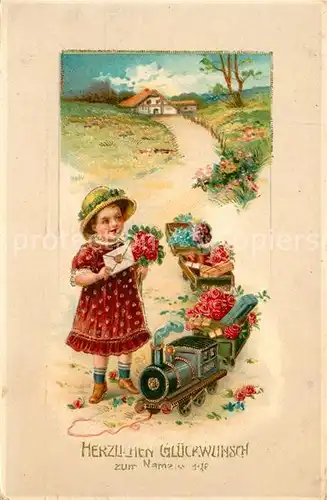 AK / Ansichtskarte Namenstag_Namenskarte Kind Lokomotive Eisenbahn Blumen Geschenke Litho  Namenstag_Namenskarte