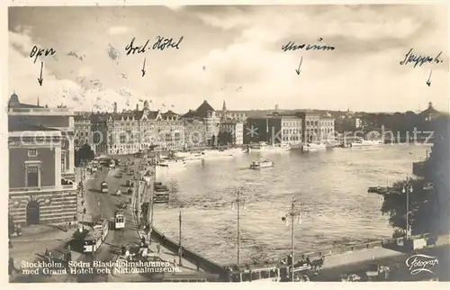 AK / Ansichtskarte Strassenbahn Stockholm Soedra Blasieholmshamnen Grand Hotell och Nationalmuseum Strassenbahn