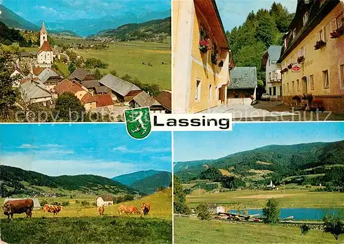 AK / Ansichtskarte Lassing Ortsmotiv mit Kirche Gaststaette Gasse Landschaftspanorama See Lassing