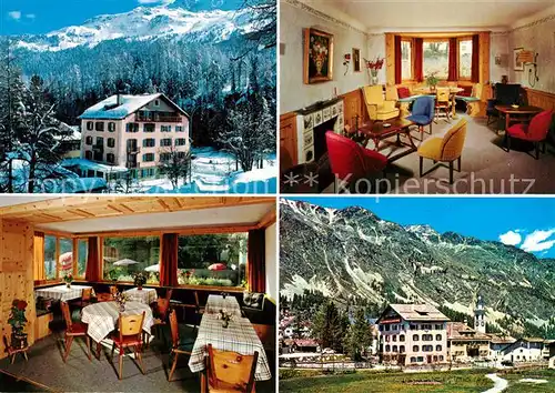 AK / Ansichtskarte Sils_Maria_Graubuenden Pension Gastraum Aufenthaltsraum Ortsmotiv mit Kirche Winterlandschaft Alpen Sils_Maria_Graubuenden