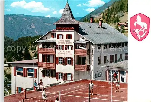 AK / Ansichtskarte Cavallo_Bianco Hotel Posta Tennisplatz Dolomiten Wappen Cavallo Bianco