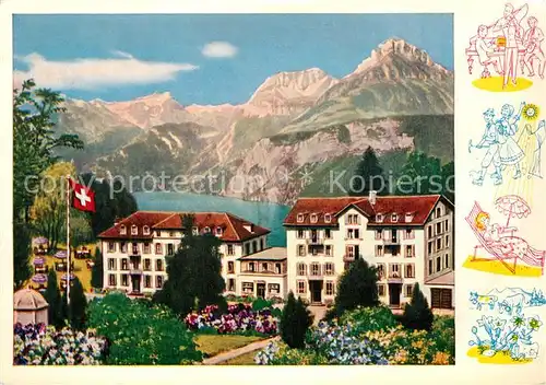 AK / Ansichtskarte Morschach Hotel Frohnalp Vierwaldstaettersee Alpen Schweizer Flagge Illustration Morschach