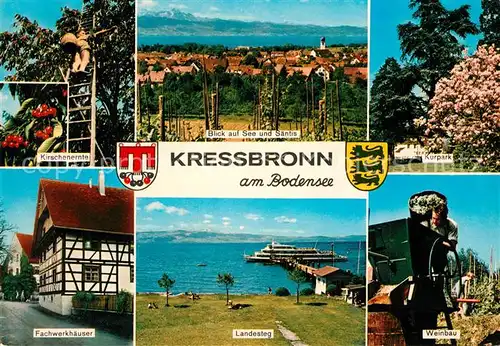 AK / Ansichtskarte Kressbronn_Bodensee Kirschenernte See Saentis Kurpark Landesteg Weinbau Fachwerk Kressbronn Bodensee