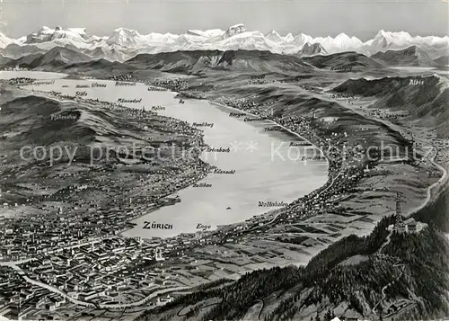 AK / Ansichtskarte Zuerich_ZH Panoramakarte mit Zuerichsee Zuerich_ZH