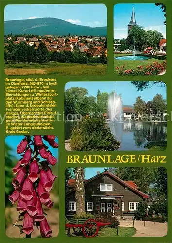 AK / Ansichtskarte Braunlage Panorama Kirche Wasserfontaene Gaststaette Fingerhut Chronik Braunlage