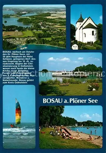 AK / Ansichtskarte Bosau Fliegeraufnahme Kirche Faehrschiff Strand Segelboot Chronik Bosau