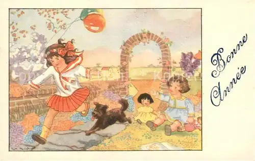 AK / Ansichtskarte Neujahr Kinder Hund Puppen Luftballons Neujahr