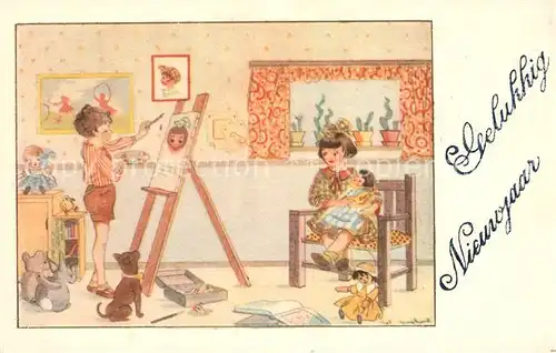AK / Ansichtskarte Neujahr Kinder Kinderspielzeug Staffelei Maler Hund Puppen Teddybaer Neujahr