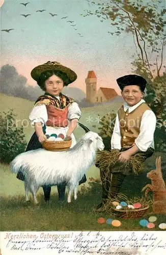 AK / Ansichtskarte Ostern_Easter_Paques Kinder Trachten Hase Ostereier Ziege  Ostern_Easter_Paques