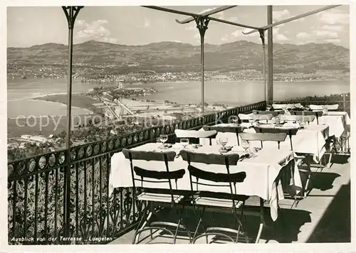 AK / Ansichtskarte Luegeten_Pfaeffikon_SZ Bergrestaurant Ausblick von der Terrasse Zuerichsee Luegeten_Pfaeffikon_SZ