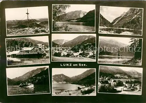 AK / Ansichtskarte Lunz_See_Niederoesterreich oetschergipfel Gastwirtschaft Motorboot Lunzersee Scheiblingstein Obersee Schloss Seehof Lunz_See_Niederoesterreich