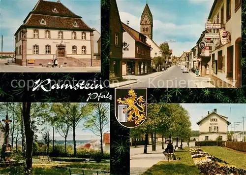 AK / Ansichtskarte Ramstein Miesenbach Rathaus Ortsmotiv mit Kirche Bahnhof Parkanlagen Kreuz Wappen Ramstein Miesenbach
