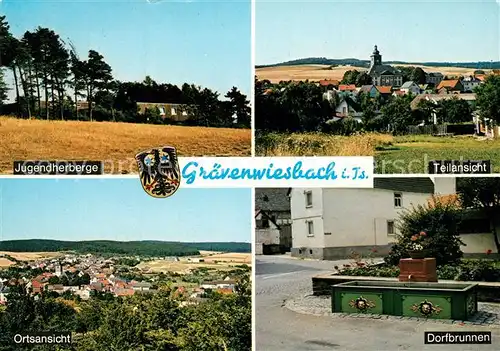 AK / Ansichtskarte Graevenwiesbach Jugendherberge Dorfbrunnen Ortsansicht mit Kirche Landschaftspanorama Graevenwiesbach