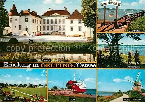 AK / Ansichtskarte Gelting_Schleswig_Holstein Schloss Jachthafen Wackerballig Muehle Charlotte Mole Hochseedampfer Golsmaas Gelting_Schleswig