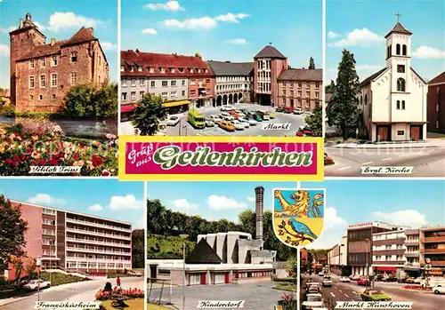 AK / Ansichtskarte Geilenkirchen Schloss Trips Markt Kirche Franziskusheim Kinderdorf Markt Hunshoven Wappen Geilenkirchen