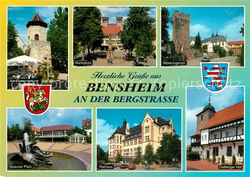 AK / Ansichtskarte Bensheim_Bergstrasse Rinnertorturm Marktplatz Nibelungenstrasse Beauner Platz Rathaus Bensheim_Bergstrasse